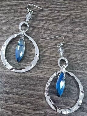 Silver Hoop Drop Earrings with Blue Crystal Accent